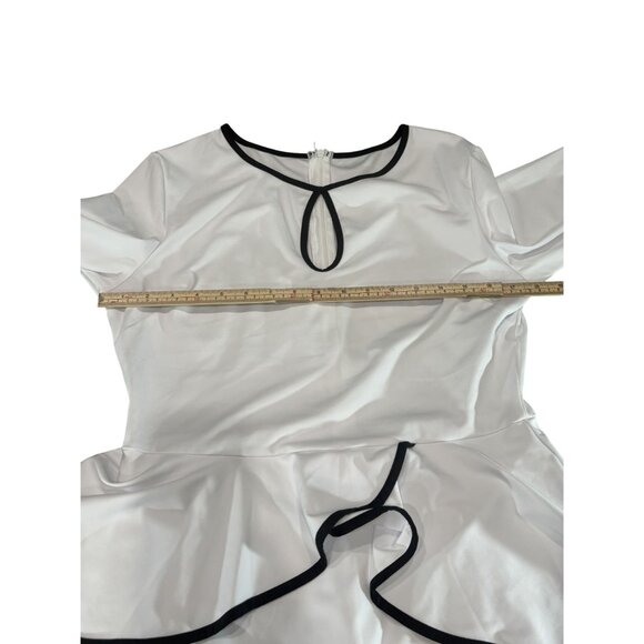 White Long-Sleeve Peplum Midi Dress With Black Trim & Keyhole Neckline - Picture 8 of 9